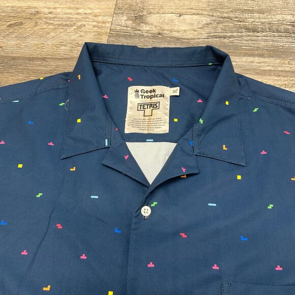 Geek Tropical Tetris Video Game Blue Mens XL AOP Chest Pocket Button Up Shirt - Picture 1 of 8